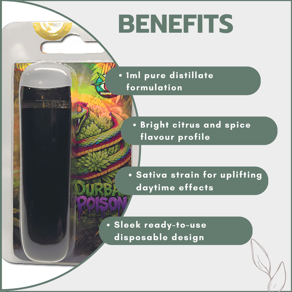 Pure Distillate Disposable Vapes 1ml - Durban Poison (Sativa)