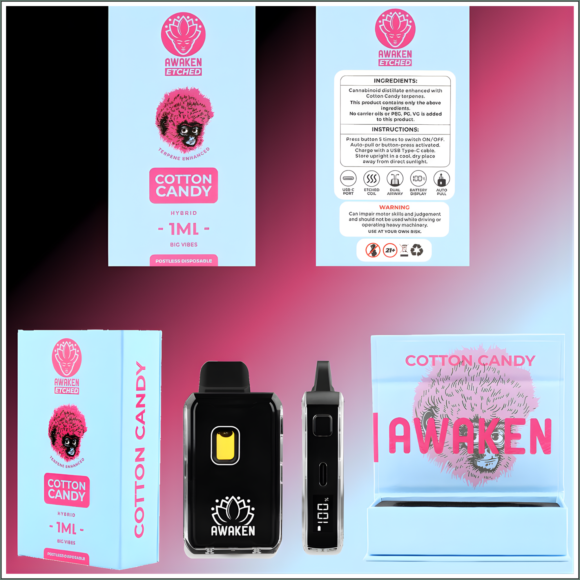 Awaken® Etched Disposable Vape 1ml - Cotton Candy (Hybrid)