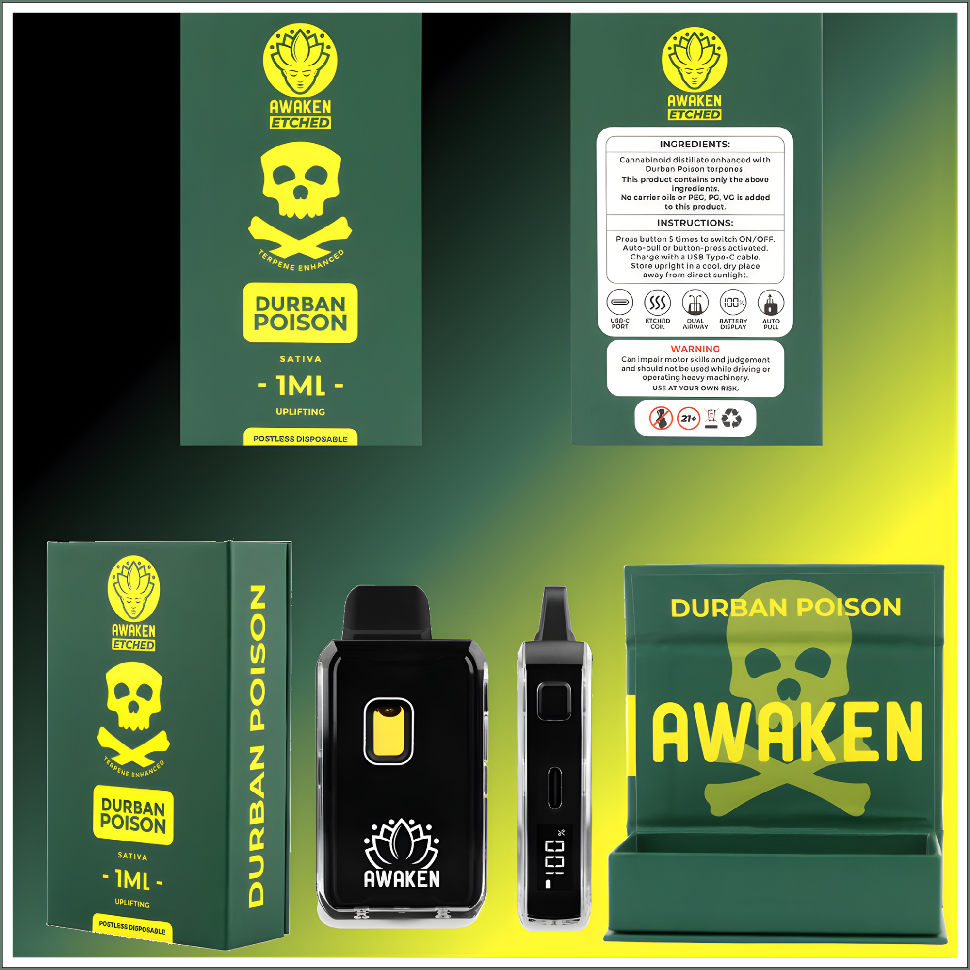 Awaken® Etched Disposable Vape 1ml - Durban Poison (Sativa)