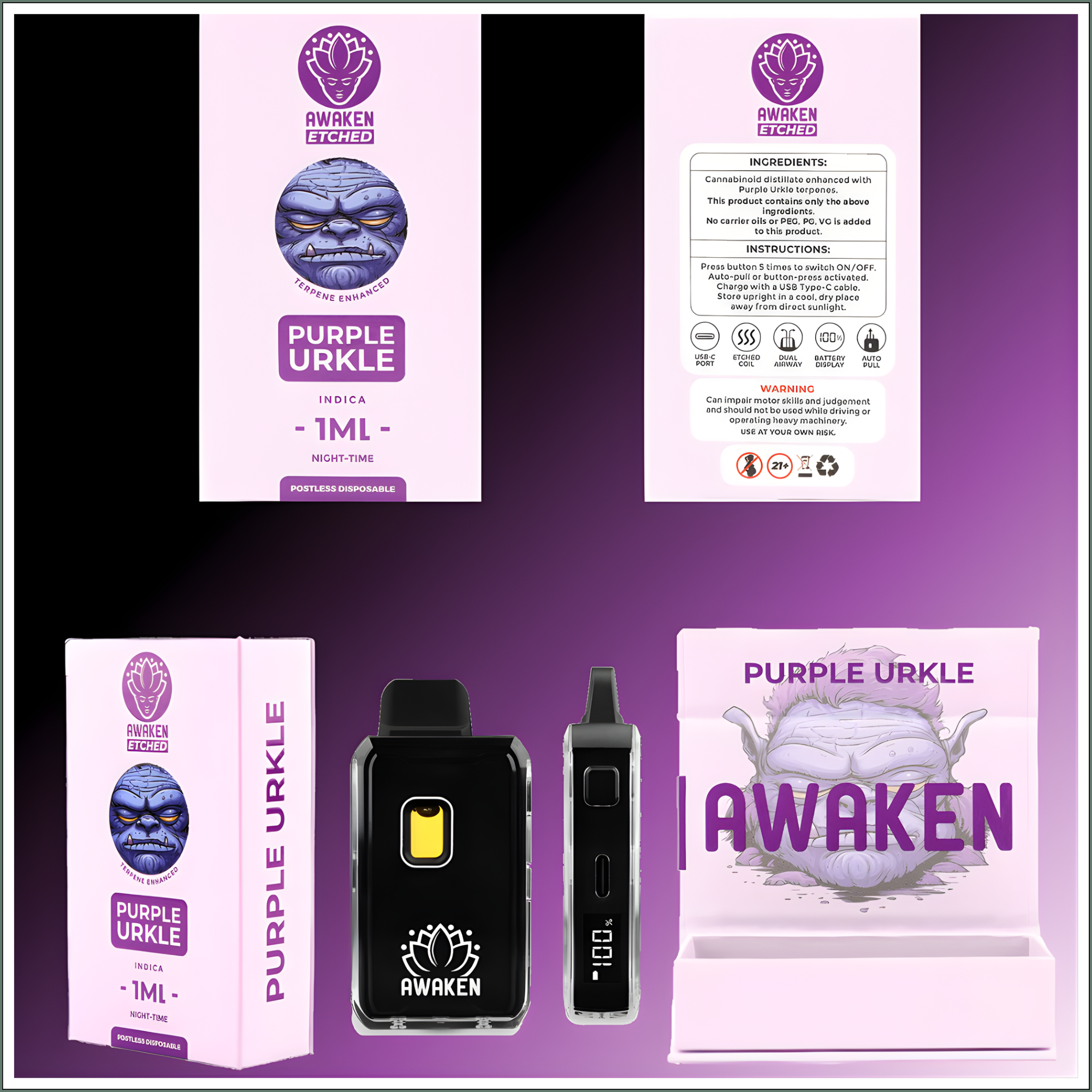 Awaken® Etched Disposable Vape 1ml - Purple Urkle (Indica)