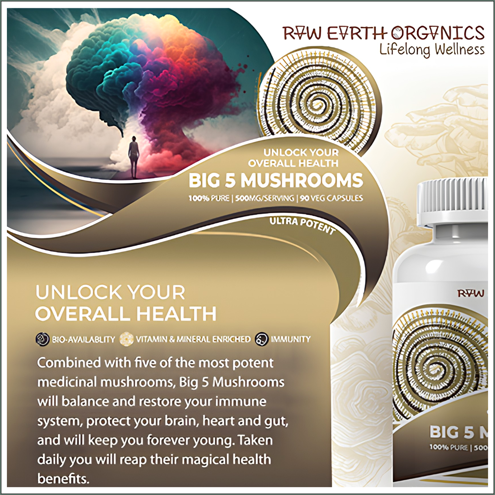 Raw Earth Organics Big 5 Mushrooms 90's