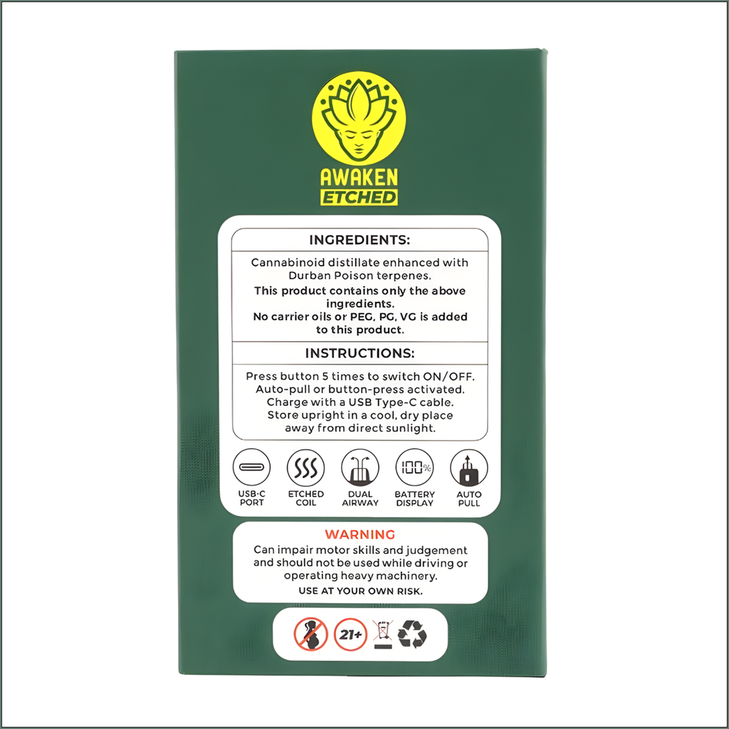 Awaken® Etched Disposable Vape 1ml - Durban Poison (Sativa)
