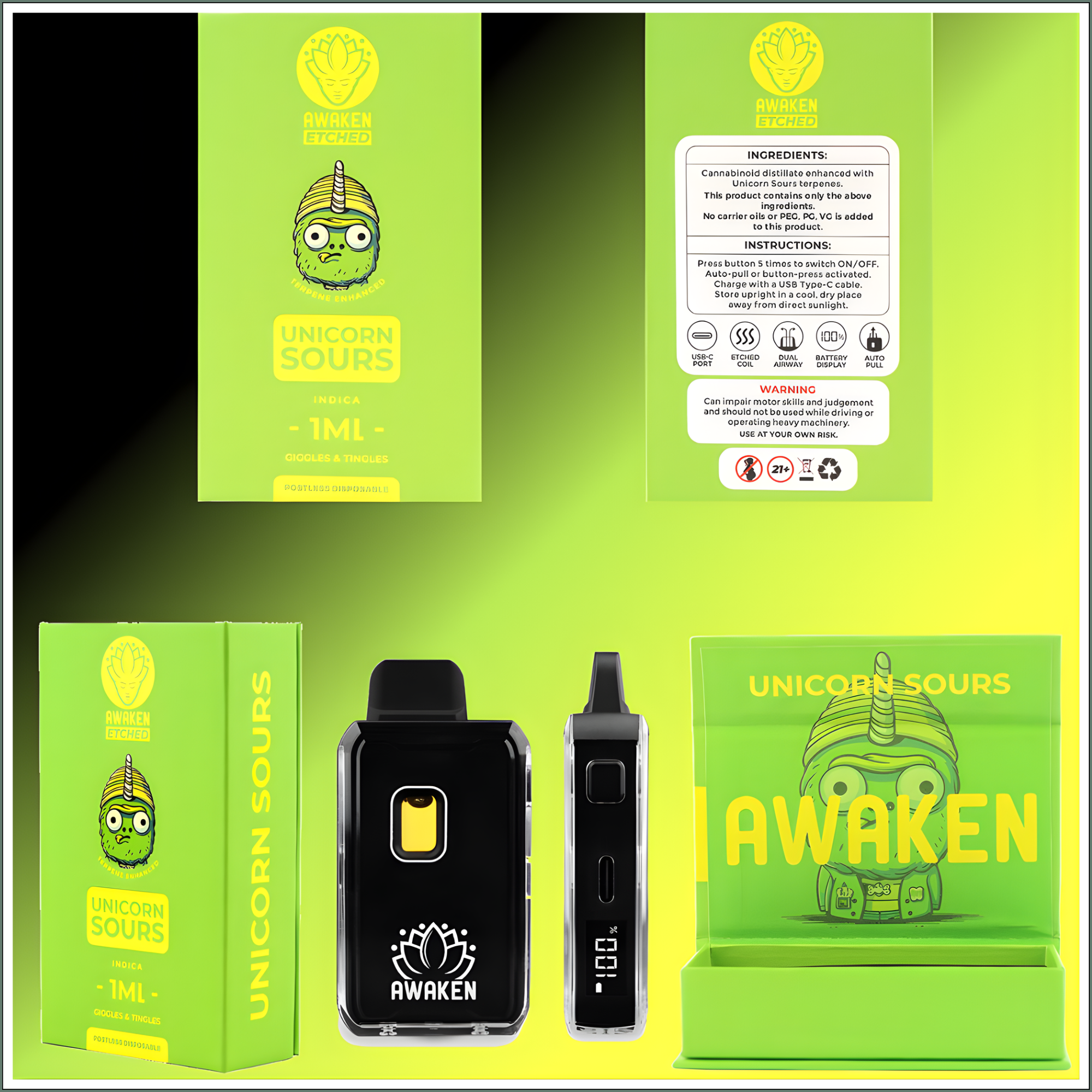 Awaken® Etched Disposable Vape 1ml - Unicorn Sours (Indica)