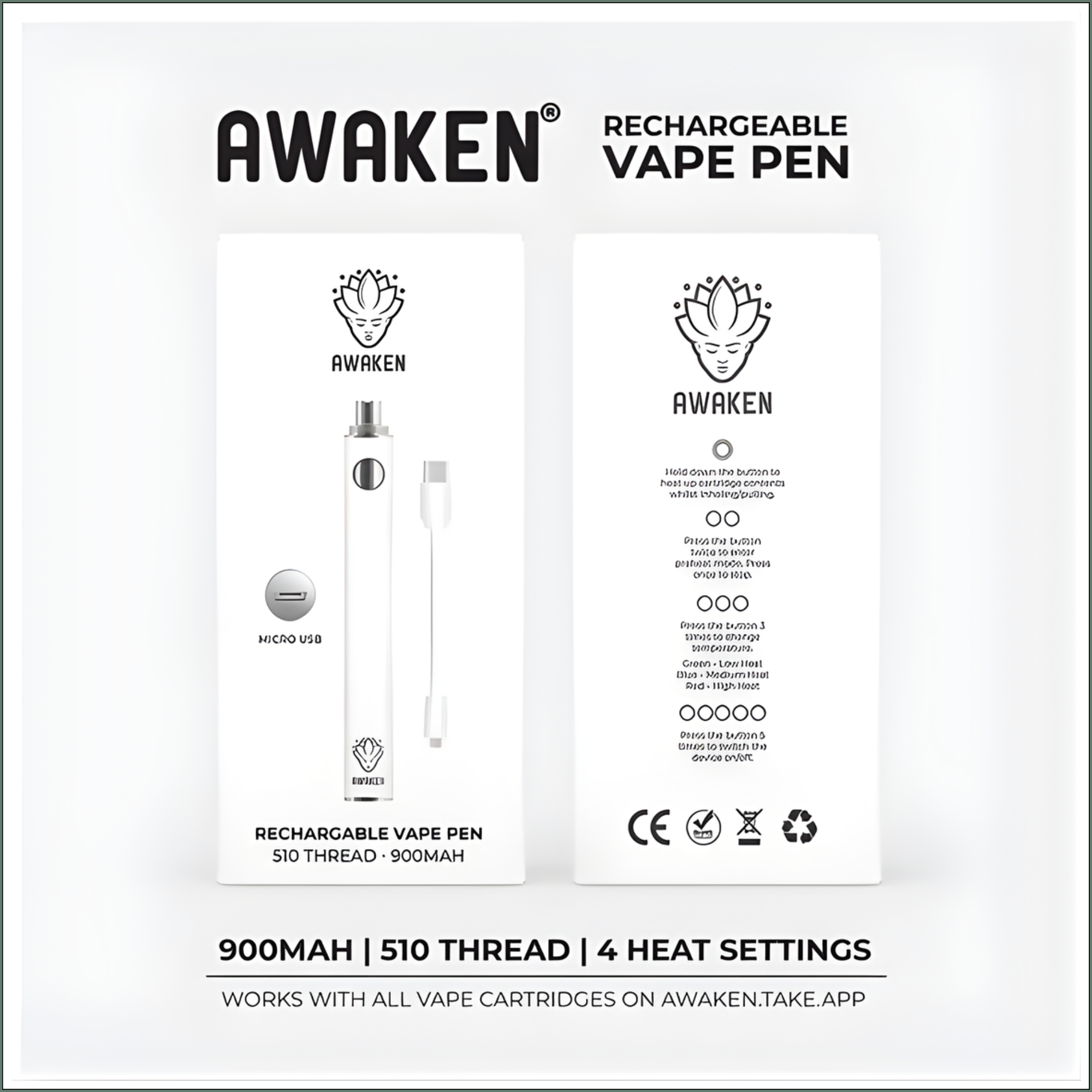 Awaken® Vape Battery Pen 900mAh - Matt White